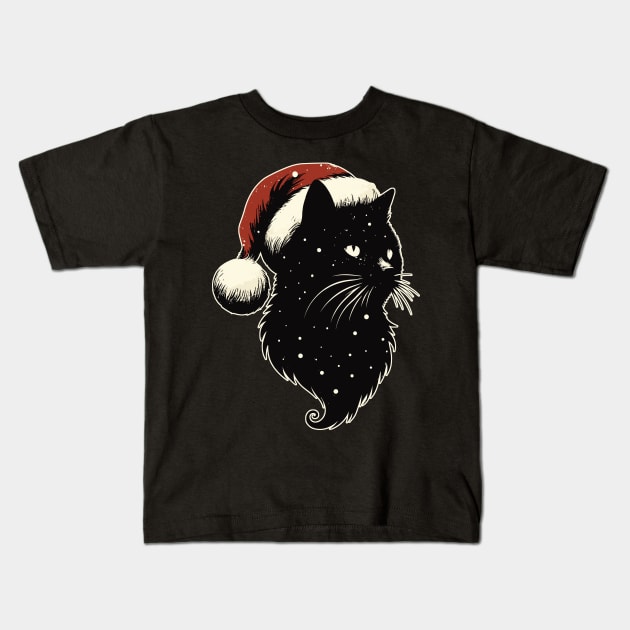 Retro cosmic christmas black cat Kids T-Shirt by TomFrontierArt